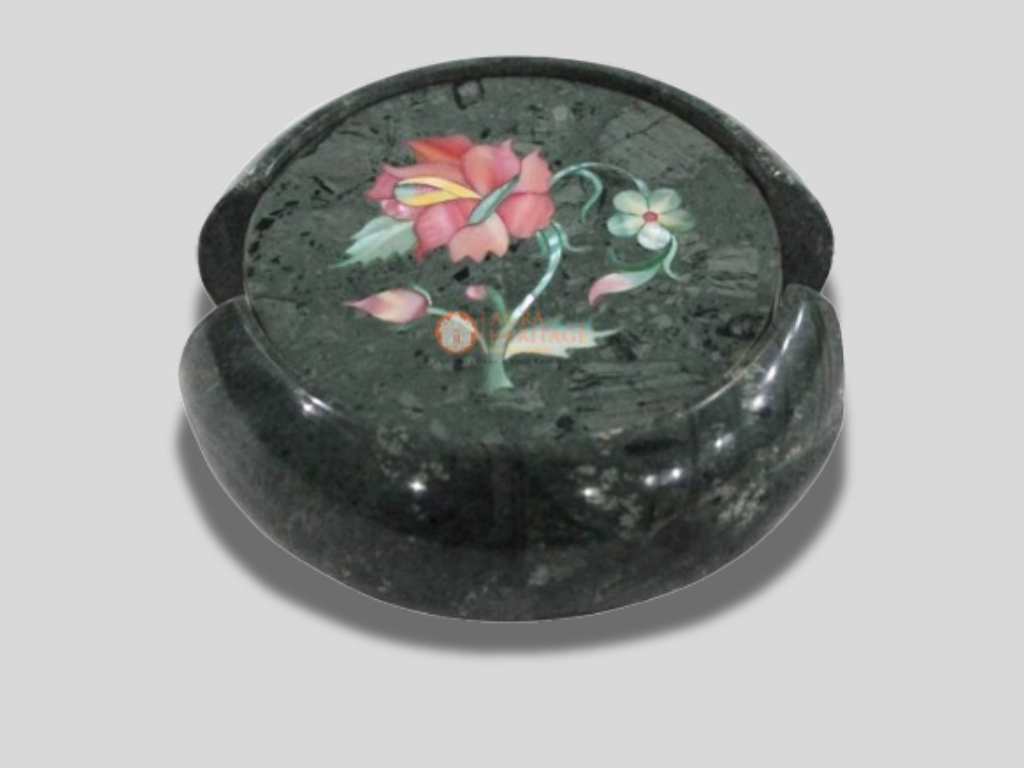 Green Round Marble Coaster Set Pink Floral Inlay Art Gifts